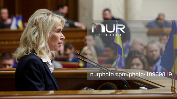 OSCE Parliamentary Assembly President Pia Kauma is addressing the Ukrainian Parliament during her official visit in Kyiv, Ukraine, on Februa...