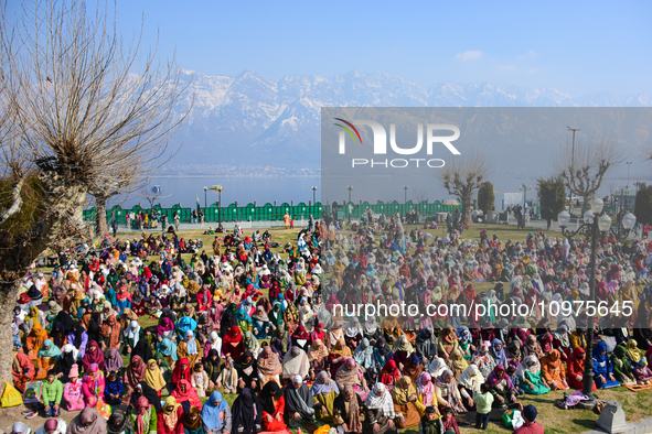 People are praying at the Hazratbal shrine on the day of Mehraj ul Alam in Srinagar, Indian Administered Kashmir, on February 8, 2024. 