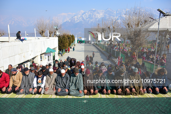People are offering prayers at the Hazratbal shrine on the day of Mehraj ul Alam in Srinagar, Indian Administered Kashmir, on February 8, 20...
