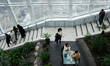 People are looking at a cloudy London from the Sky Garden at the top of a skyscraper on Fe...