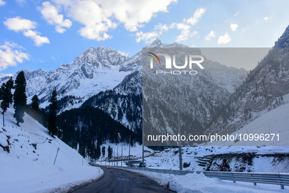 Vehicles are plying through the snow-covered mountains on a sunny winter day in Sonmarg, a tourist destination in the Ganderbal district of...