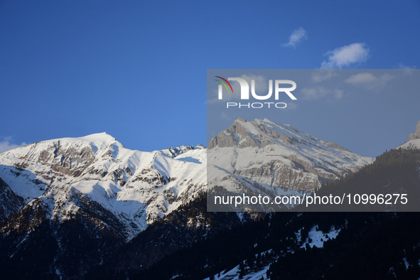 The Alps are covered in snow on a sunny winter day in Sonmarg, a tourist destination in the Ganderbal district of Jammu and Kashmir, on Febr...