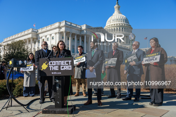 Rep. Alexandria Ocasio-Cortez (D-NY) speaks at a press conference outside of the U.S. Capitol building in Washington, D.C. on February 14, 2...