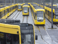 General view of the street Bahns parked at the Essen Mitte transit depot in Essen, Germany, on February 15, 2024, during the nationwide tran...