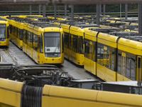 General view of the street Bahns parked at the Essen Mitte transit depot in Essen, Germany, on February 15, 2024, during the nationwide tran...