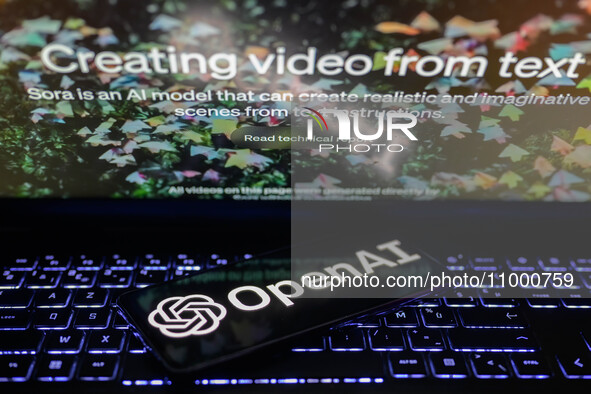 The OpenAI logo is being displayed on a smartphone with the Sora text-to-video generator visible in the background in this photo illustratio...