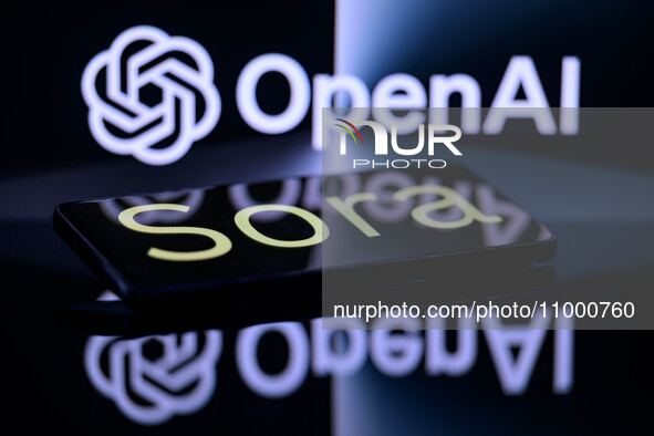 The Sora is being displayed on a smartphone with the OpenAI logo visible in the background in this photo illustration in Brussels, Belgium,...