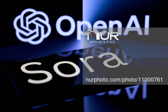 The Sora is being displayed on a smartphone with the OpenAI logo visible in the background in this photo illustration in Brussels, Belgium,...