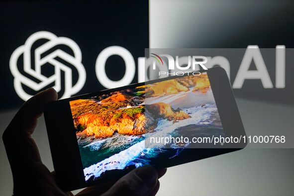 The Sora model text-to-video is being displayed on a smartphone with the OpenAI logo visible in the background in this photo illustration in...