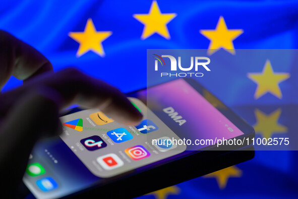 App icons of online platforms Google, Facebook, LinkedIn, Amazon, Apple Store, and TikTok are being displayed on a smartphone with the EU Di...