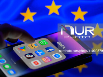 App icons of online platforms Google, Facebook, LinkedIn, Amazon, Apple Store, and TikTok are being displayed on a smartphone with the EU Di...