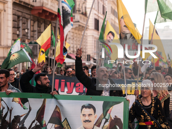 People are participating in the national demonstration in the center of Rome, Italy, on February 17, 2024, for Abdullah Ocalan, the leader o...