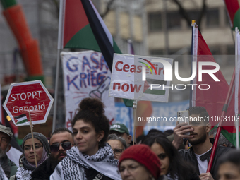 A hundred people are taking part in a pro-Palestine march against Israel's attacks on Gaza in Duesseldorf, Germany, on February 17, 2024, as...