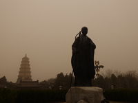 The Dayan Pagoda scenic spot is seen under a sandstorm in Xi'an, Shaanxi Province, China, on February 18, 2024. It is reported that at 6:58...