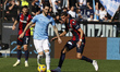 Luis Alberto of Lazio is being challenged by Oussama El Azzouzi of Bologna during the Seri...