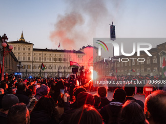 Protesters are attending the demonstration of solidarity and support for Palestine in Piazza Castello, in Turin, Italy, on February 17, 2024...