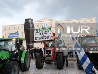 Greek farmers are riding their tractors to the parliament building as they stage a protest against the government's agricultural policy at S...