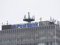 Employees from Postbank branches are striking in Essen, Germany, on February 21, 2024, as the Verdi labor union calls for a nationwide strik...