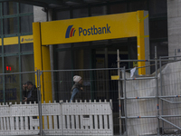 Employees from Postbank branches are striking in Essen, Germany, on February 21, 2024, as the ver.di labor union calls for a nationwide stri...
