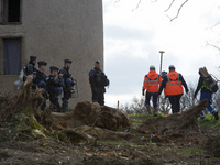 Workers from NGE/ATOSCA are working under heavy police protection in the woods of Saix, Tarn, France, on February 21, 2024. Opponents of the...