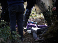 A protester is being arrested by Gendarmes Mobiles in the woods of Saix, Tarn Departement, France, on February 21, 2024, at the site of the...