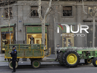 A tractor is parked in the center of Madrid during the Spanish farmers' protest in Madrid, Spain, on February 21. (