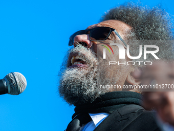 Activist and philosopher Dr. Cornel West speaks at a rally at Lafayette Square in Washington, D.C. on February 21, 2024 for the arrival of t...