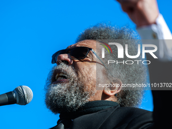 Activist and philosopher Dr. Cornel West speaks at a rally at Lafayette Square in Washington, D.C. on February 21, 2024 for the arrival of t...