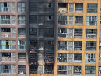 An aerial photo is showing the scene after a fire was extinguished in a residential area in Nanjing, Jiangsu Province, China, on February 23...