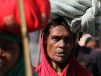 A Nepali loan shark victim is carrying her belongings on her head as she takes part in the march leading to the administrative capital of th...
