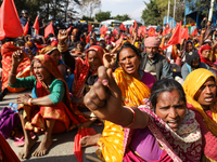 Victims of loan sharks in Nepal are chanting slogans during a demonstration near the nation's administrative capital, Singhadurbar, on Febru...