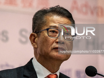 Hong Kong Financial Secretary Paul Chan Mo-po is speaking at a government press conference on the 2024-25 government budget in Hong Kong, on...