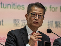 Hong Kong Financial Secretary Paul Chan Mo-po is speaking at a government press conference on the 2024-25 government budget in Hong Kong, on...
