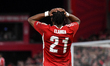 Anthony Elanga of Nottingham Forest is reacting after a missed opportunity at goal during...