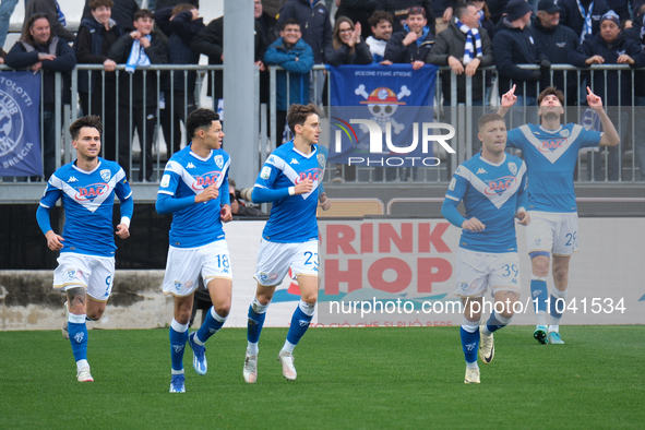 Players from Brescia Calcio FC are celebrating after scoring a goal during the Italian Serie B soccer championship match between Brescia Cal...