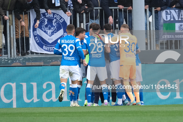 Players from Brescia Calcio are celebrating after scoring a goal in the Italian Serie B soccer championship match against Palermo FC at Mari...