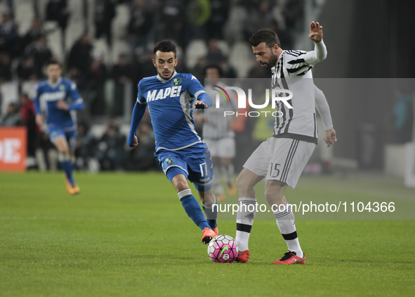 Andrea Barzagli (15) and Nicola Sansone (17) during the serie A match  between Juventus FC and US Sassuolo Calcio  at the Juventus  Stadium...