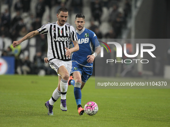 Leonardo Bonucci (19) and Diego Falcinelli (9) during the serie A match  between Juventus FC and US Sassuolo Calcio  at the Juventus  Stadiu...