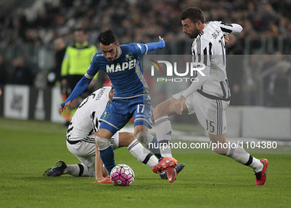 Nicola Sansone (17) and Andrea Barzagli (15) during the serie A match  between Juventus FC and US Sassuolo Calcio  at the Juventus  Stadium...