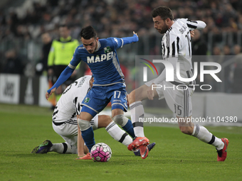 Nicola Sansone (17) and Andrea Barzagli (15) during the serie A match  between Juventus FC and US Sassuolo Calcio  at the Juventus  Stadium...