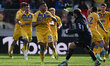Walid Cheddira of Frosinone Calcio is celebrating after scoring the first goal, making it...