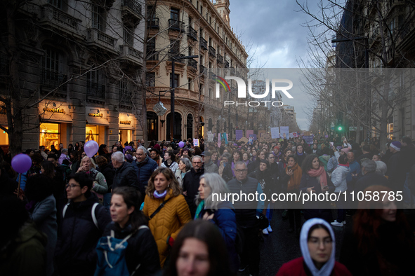 Thousands of people are walking along Gran Via Street during the International Women's Day demonstration in Granada, Spain, on March 8, 2024...