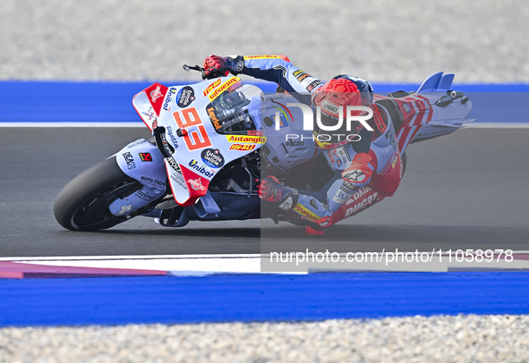 Spanish MotoGP rider Marc Marquez from Gresini Racing MotoGP is in action during the Free Practice 1 session of the Qatar Airways Motorcycle...