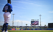 Toronto Blue Jays shortstop Orelvis Martinez (13) is listening to the Canadian anthem befo...