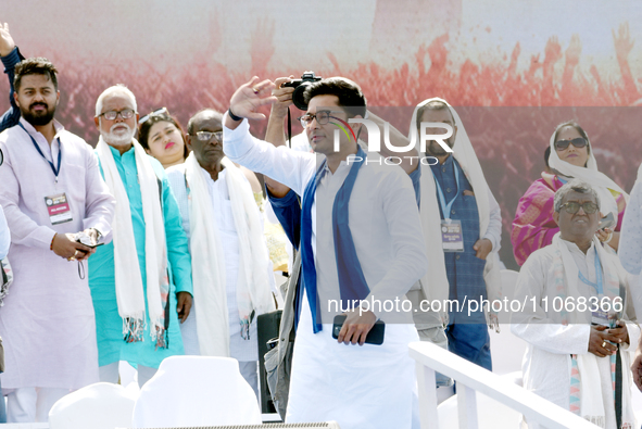 Abhishek Banerjee, the General Secretary of the All India Trinamool Congress (AITC), is greeting TMC supporters at a mega rally in Kolkata,...