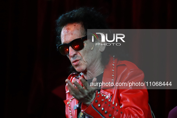 Alex Lora, leader of the Mexican band El Tri, is speaking during a conference at the Centro Cultural Teatro 2 in Mexico City, Mexico, on Mar...