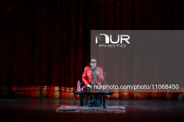 Alex Lora, leader of the Mexican band El Tri, is speaking during a conference at the Centro Cultural Teatro 2 in Mexico City, Mexico, on Mar...