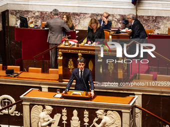 In Paris, France, on March 12, 2024, French Prime Minister Gabriel Attal is speaking at the National Assembly about the Franco-Ukrainian sec...