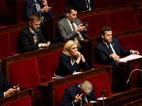 Marine Le Pen, president of the Rassemblement National group, is seen at the National Assembly in Paris, France, on March 12, 2024, during t...