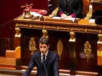 In Paris, France, on March 12, 2024, French Prime Minister Gabriel Attal is speaking at the National Assembly about the Franco-Ukrainian sec...